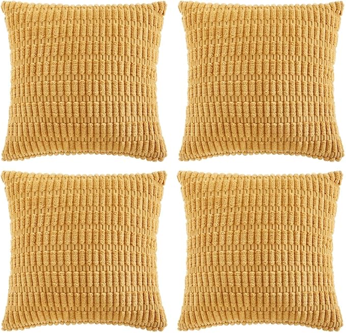 Fancy Homi 4 Packs Mustard Yellow Decorative Throw Pillow Covers 22x22 Inch for Living Room Couch Bed Sofa, Rustic Farmhouse Boho Home Decor, Soft Plush Striped Corduroy Square Cushion Case 55x55 cm