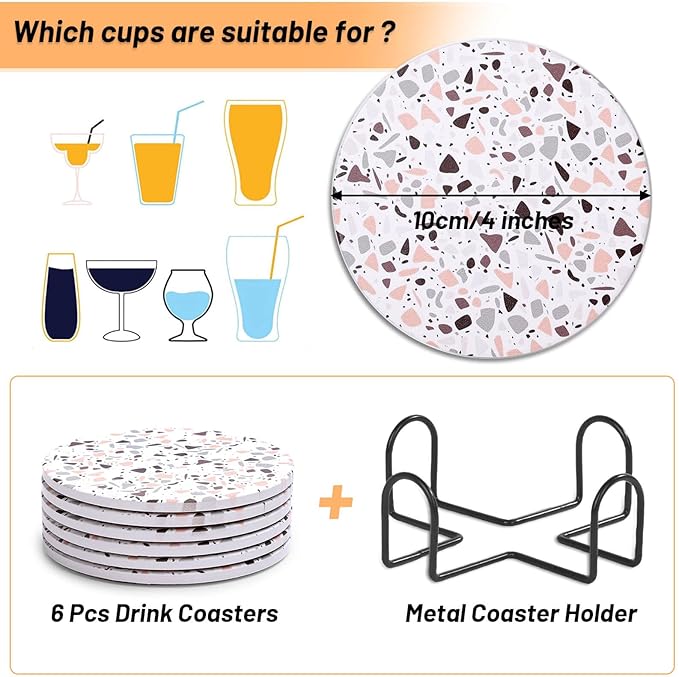 Acejoz Drink Coasters with Holder, Set of 6, Terrazzo Pattern, Ceramic, Round, 4 Inches