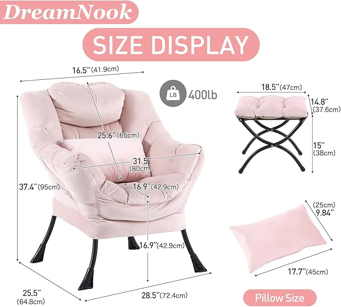 Lazy Chair with Ottoman, Modern Accent Chair with Lumbar Pillow, Comfy Chairs with Folding Footrest for Bedroom, Reading, Oversized Supportive Lounge Chairs(Velvet Pink)