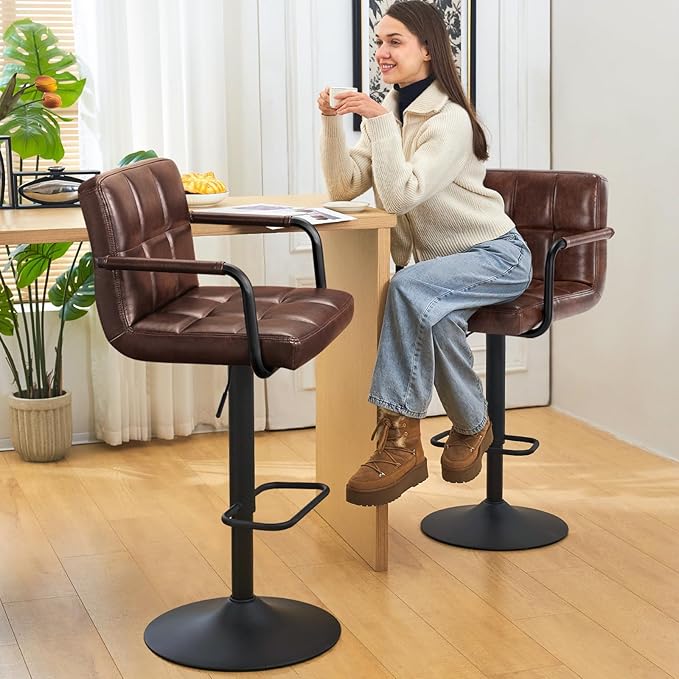 Furniliving Swivel Bar Stools Set of 4, Adjustable Kitchen Counter Height BarStools with Arms, PU Leather Upholstered Bar Chair with Back and Footrest for Dining Room, Kitchen, Pub, Bar (Darkbrown)