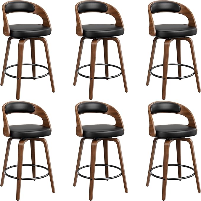 Bar Stools Set of 6, 26" Counter Height Barstools with Bentwood Legs, Swivel Counter Stools with Back, Mid Century Modern Faux Leather Upholstered Barstools for Kitchen Island, Black