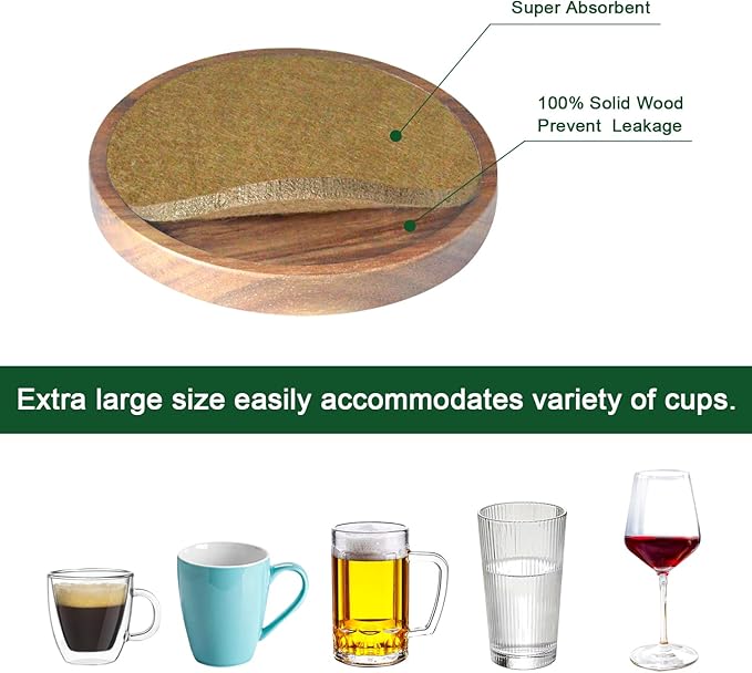 5 Pack Brown Wooden Coasters with Felt Pads, Non-Slip, Non-Stick, Absorbent, Round, 4.3 Inch, Perfect for Coffee Tabletop Protection