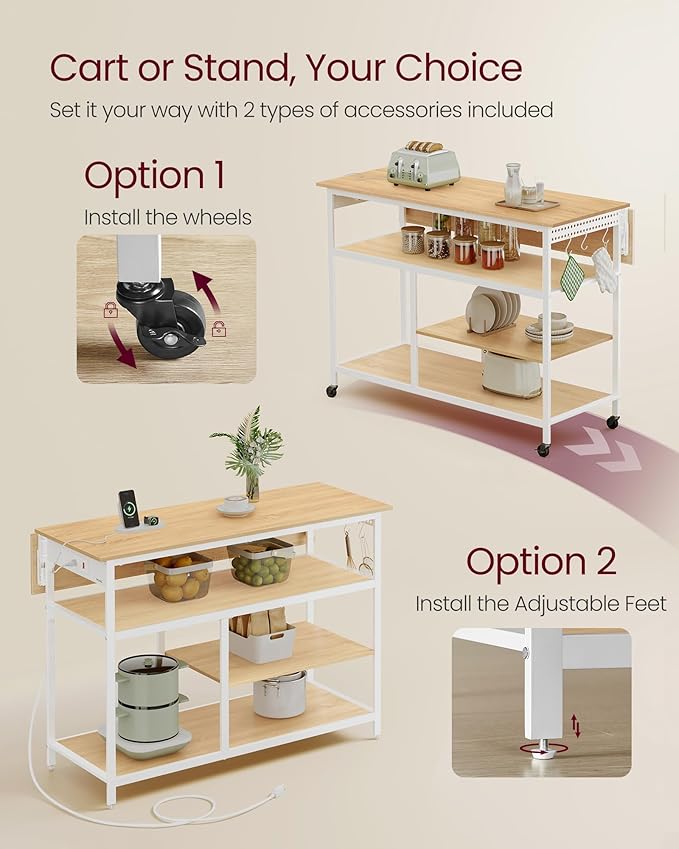 VASAGLE Kitchen Island with Drop Leaf, 47.2" Width Rolling Kitchen Cart with Power Strip, Extendable Worktop, Workbench,Pegboard, Adjustable Shelf, Golden Oak and Cloud White UKKI013Y01