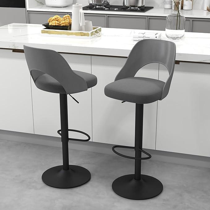 civama Bar Stools Set of 2 for Kitchen Counter, Seat Height Adjustable 25''-33'', Modern Upholstered Swivel Island Chairs with Hollow Backrest Metal Base, Grey