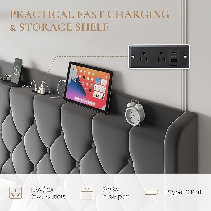 SHA CERLIN King Size Platform Bed Frame with Charging Station, Velvet Wingback Headboard with Storage Shelf, Wooden Slats Support, Ample Under-Bed Space, No Box Spring Needed, Easy Assembly, Grey