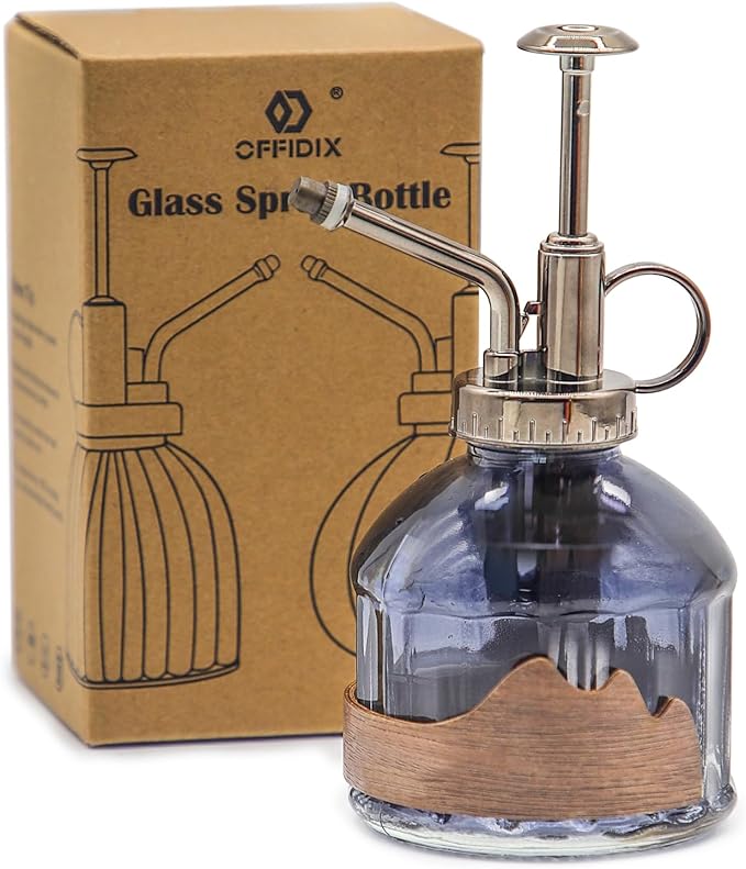 OFFIDIX Glass Plant Mister, 6.3 Inches Tall Vintage Style Spritzer Bronze Plastic Top Pump One Hand Watering Can Indoor Plant Spray Bottle for Garden, Plants, Cleaning (Distant Hill)