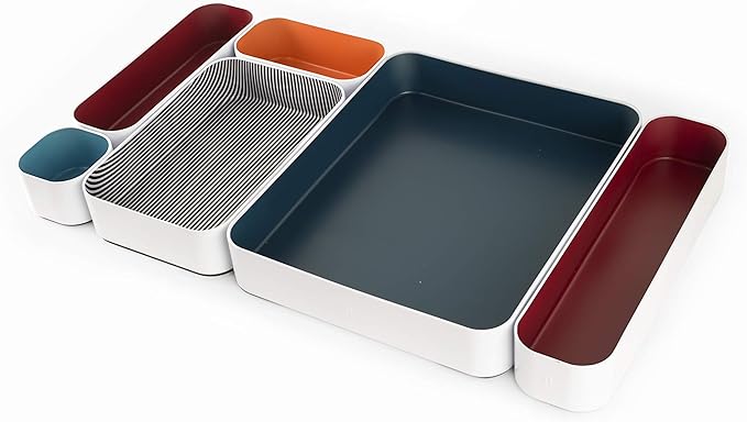 Three by Three Seattle 6 Piece Metal Organizer Tray Set for Storing Makeup, Stationery, Utensils, and More in Office Desk, Kitchen and Bathroom Drawers (2 Inch, Berry, Sunset, Blue, Stripes)