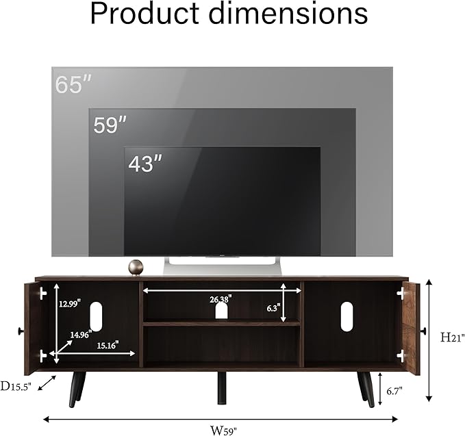Modern TV Stand with Storage Cabinet, Wood Fashionable TV Cabinet with Waveform Panel and Adjustable Shelf, Entertainment Center TV Stand for TV, Living Room (Dark Walnut