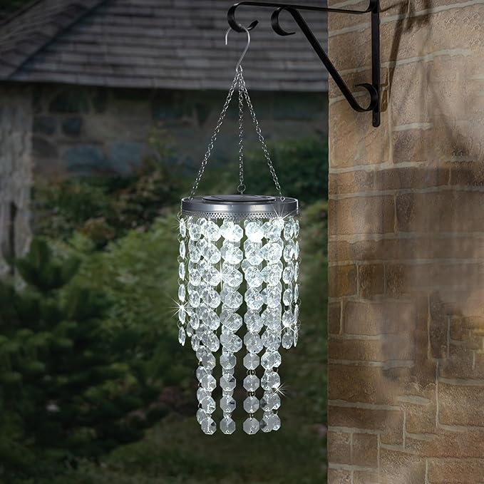 Hanging Solar Lantern Outdoor, 2 Tiers 21” Solar Transparent Acrylic Beaded Chandelier with Cool White LED S Hooks for Garden Yard Patio Gazebo Outside Decor