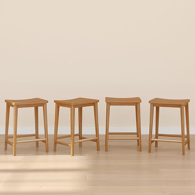 Plank+Beam Smythe Counter Stool, 24", Set of 4, Sturdy Wood Modern Kitchen Counter Height Stool, Saddle Seat Backless Counter Chair, Metal Footrest, Pecan