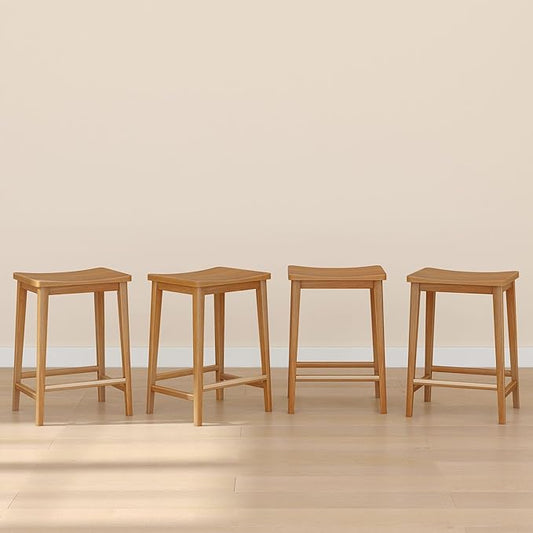 Plank+Beam Smythe Counter Stool, 24", Set of 4, Sturdy Wood Modern Kitchen Counter Height Stool, Saddle Seat Backless Counter Chair, Metal Footrest, Pecan