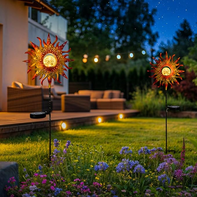 TAKE ME Sun Solar Lights Garden Outdoor Waterproof Metal Stakes for Patio Yard Walkway LawnPatio Mothers Day Gifts Mom Wife Grandma (Red Sun)