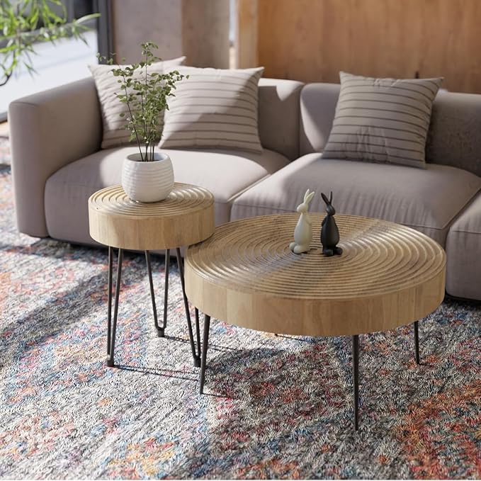 Relso Aspen Round Nesting Coffee Table Set of 2 – Solid Wood Nesting Tables with Metal Legs, Natural Finish | End Table with Ring Pattern | Modern Accent Tables for Living Room, Boho, Farmhouse Decor