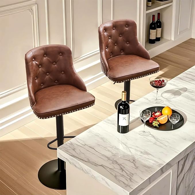 Modern Counter Stools Set of 2, Swivel Counter Height Bar Stools with Back and Armrests, 25'' to 33'' Adjustable Height PU Leather Bar Chairs with Rivets for Kitchen Island, Light Brown