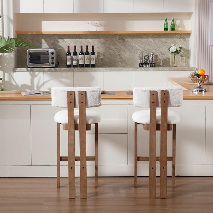 Upholstered Farmhouse Bar Height Bar Stools Set of 4 White Sherpa Barstools with Back/Solid Wood Legs, Modern Tall Bar Chairs for Kitchen Island/Home Bar/Pub, 30 Inch