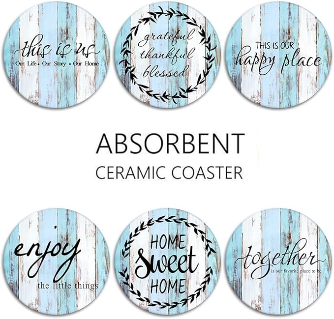 Britimes Coaster for Drinks Set of 6, Old Vintage Blue White Wooden Table Absorbent Round Ceramic Stone Mat, with Cork Base and Metal Holder, Gift for Housewarming Room Bar Decor