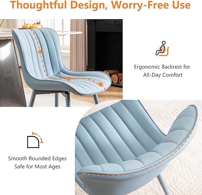 YOUNUOKE Mid-Century Modern Dining Chairs Set of 2, Blue PU Leather Upholstered Kitchen Chairs with Blue Metal Legs, Armless Accent Chair for Dining Room, Guest Reception Room