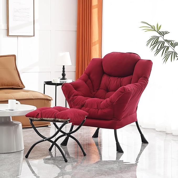 Lazy Chair and Ottoman, Large Accent Lounge Chair with Armrests and a Side Pocket, Modern Leisure Upholstered Sofa Reading Armchair with Footrest for Bedroom, Living Room, Dorm Rooms, Office