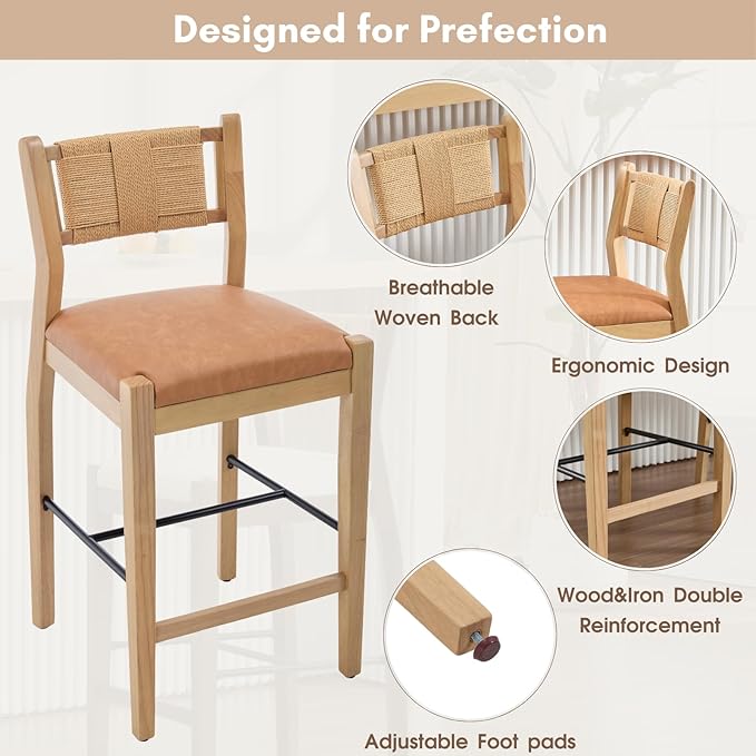 CIMOTA Rattan Counter Height Bar Stools Set of 2, 26" Farmhouse Barstools with Woven Backs, Boho Wood Bar Chairs Leather Upholstered Counter Stools for Kitchen Island/Counter/Bar, PU Brown