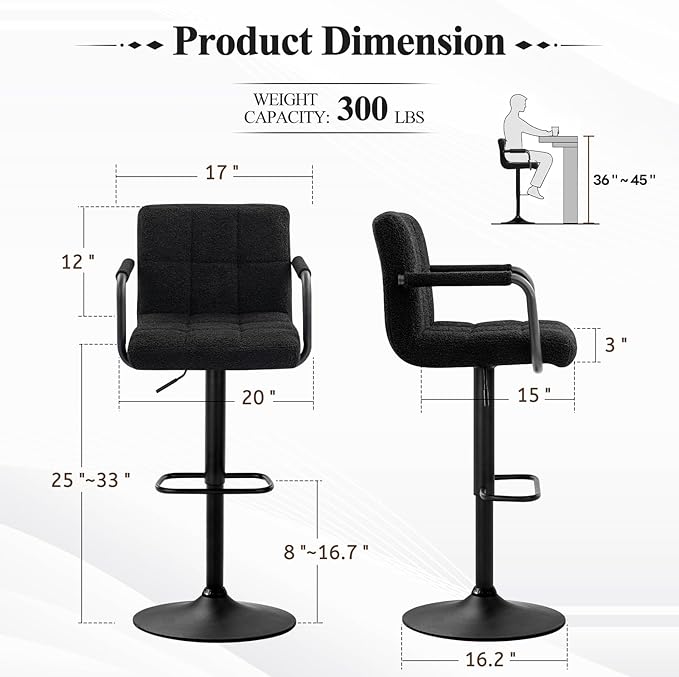 Furniliving Adjustable Bar Stools with Armrest, Square Back Sherpa Fabric Hydraulic Kitchen Counter Bar Stool, Luxurious Swivel Double Stitching Bar Chairs,Set of 2