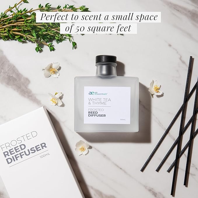 Frosted White Tea & Thyme Reed Diffuser Set - Decorative Fragrance Diffuser & Oil for Bathroom & Home | Long-Lasting Aroma | Natural Scent Sticks | Essential Oils & Botanicals| 100mL