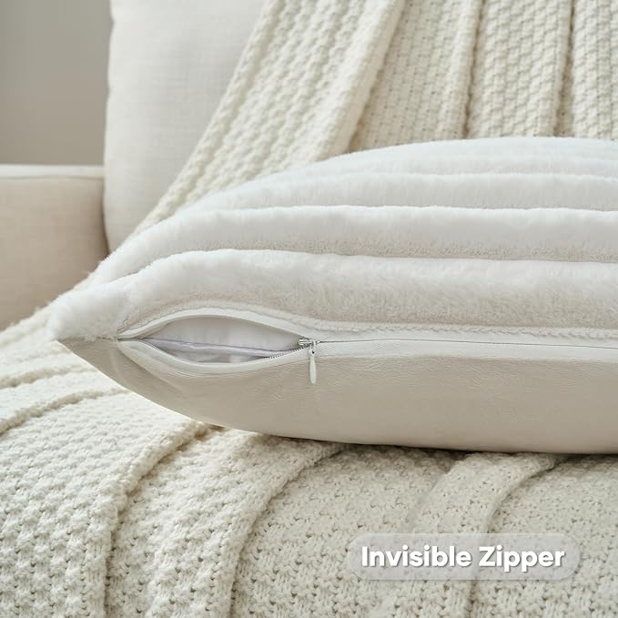 FUTEI Cream White Striped Decorative Throw Pillow Covers 12x20 Inch Set of 2,Rectangle Fall Decorations Couch Lumbar Pillowcase,Soft Cozy Faux Rabbit Fur & Velvet Back,Modern Home Decor for Bed