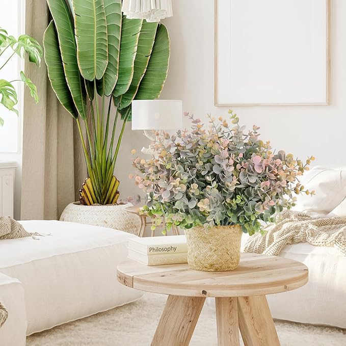 RECUTMS 12 Bundles Artificial Bushes Greenery Plants Stems Faux Shrubs Boxwood Plants Outdoor UV Resistant Fake Eucalyptus for Farmhouse Home Wedding Patio Backyard Indoor Outdoor Decor(Dusty Pink)