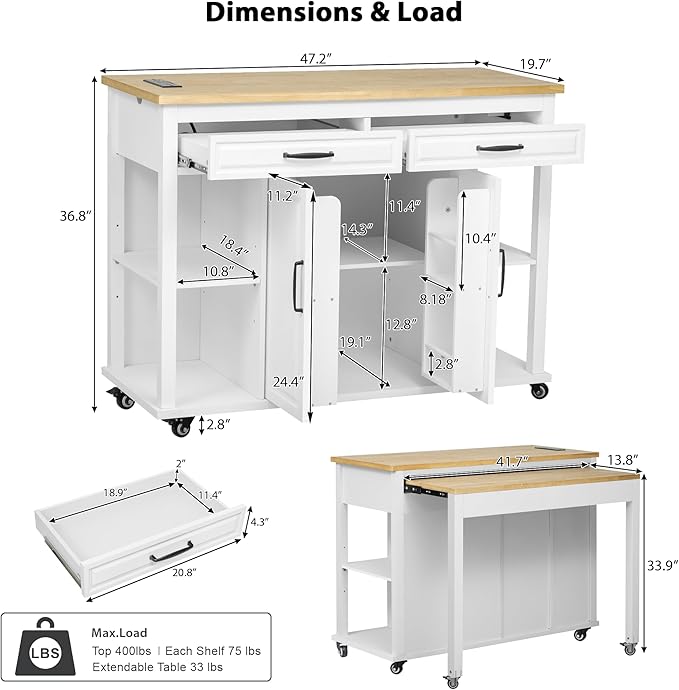 Merax Kitchen Island on Wheels with Extendable Dining Table & Power Outlet, Wood Kitchen Rolling Cart with Internal Storage Rack, 2 Drawers & 2 Cabinets, 47" Wide White
