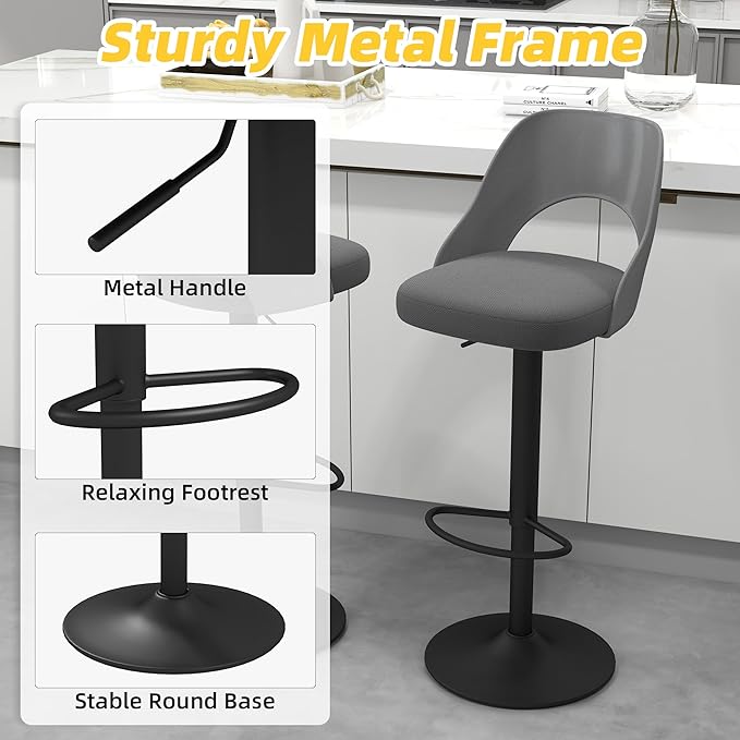 civama Bar Stools Set of 2 for Kitchen Counter, Seat Height Adjustable 25''-33'', Modern Upholstered Swivel Island Chairs with Hollow Backrest Metal Base, Grey