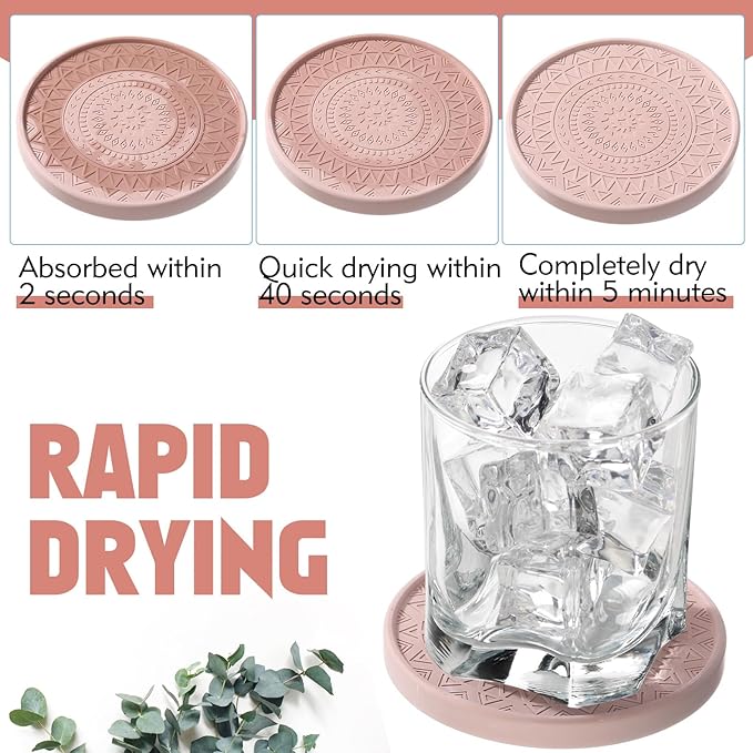 Photect Diatomaceous Earth Coasters Set with Holder Absorbent Stone Drink Coasters Instant Drying Tray for Tabletop Protection Home Decoration Housewarming Gift(Mint,4 Pcs)