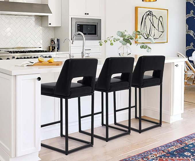 Counter Height Black Bar Stools Set of 3 for Kitchen Counter Modern Bar Chairs with Backs for Kitchen Island with Upholstered Faux Leather Seat and Metal Frame, 26 Inch