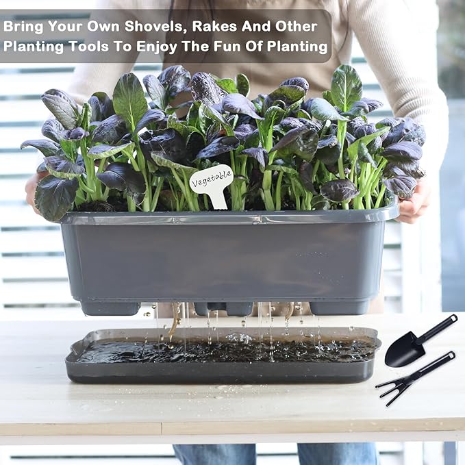 Window Box Planter 6 Pcs, 18 Inches Rectangle Flower Pots with Drainage Holes and Trays, Vegetable Planters for Windowsill Patio Garden Balcony Home Porch Yard Indoor Outdoor (Grey, 18*10*6 inch)