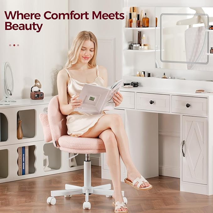 COMHOMA Vanity Chair with Teddy Velvet, Small Tall Armless Chair with Back, Cute Candy Chair for Girls Gift Living Room/Makeup Room/Bedroom/Kitchen (Height Use: Adjustable from Desk to Bar Height)