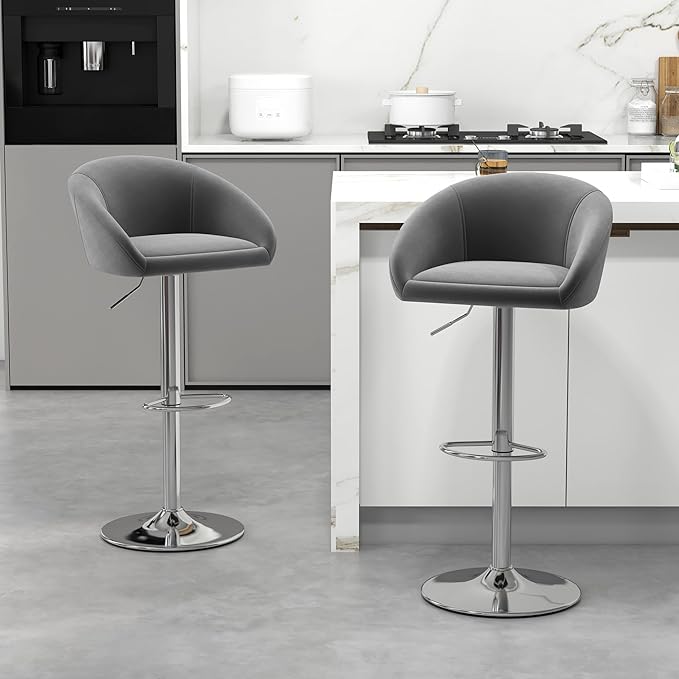 KCC Velvet Bar Stools Set of 4, Counter Height Bar Stools with Low Back, Swivel Barstool for Kitchen Island, Bar Pub (Gray)