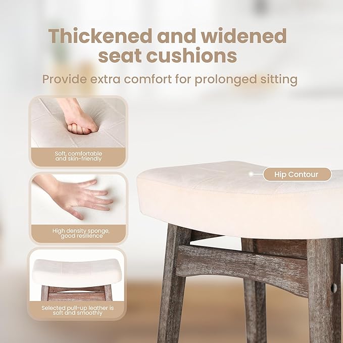 PHI VILLA Farmhouse Bar Stools Set of 3 - Wood Bartools with Upholstered Saddle Seat, 24 inch stools for Kitchen Counter Set of 3