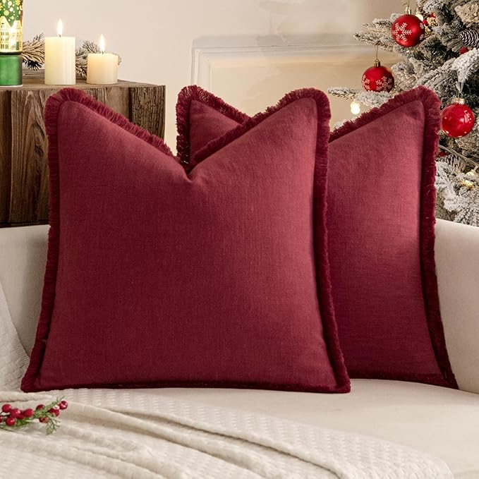 MIULEE Christmas Decorative Throw Pillow Covers Neutral Linen Fringe Throw Pillows Set of 2 Burgundy Boho Farmhouse Cushion Covers with Tassels for Couch Sofa Bed Living Room Home Decor 18x18 Inch