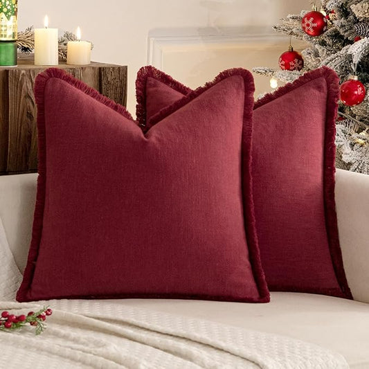 MIULEE Christmas Decorative Throw Pillow Covers Neutral Linen Fringe Throw Pillows Set of 2 Burgundy Boho Farmhouse Cushion Covers with Tassels for Couch Sofa Bed Living Room Home Decor 18x18 Inch