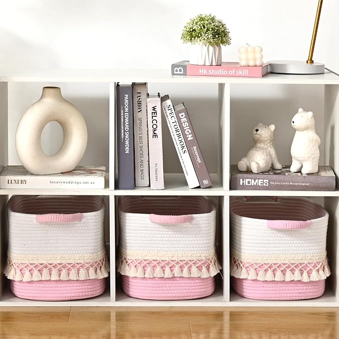 3 Pack Storage Basket for Shelves, Boho Cotton Rope Storage Bins with Heavy Tassel, Shelf Baskets Large Woven Baskets for Organizing, Cube Organizer Bins, Baby Laundry Basket for Clothes, Toys, Pets