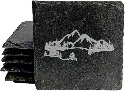 Mountain Majesty Slate Coasters with Stunning Mountain Scene Design - Perfect for Home and Office Decor and Protection of Surfaces, Available in Square or Round Coasters - Square Slate - Set of 8