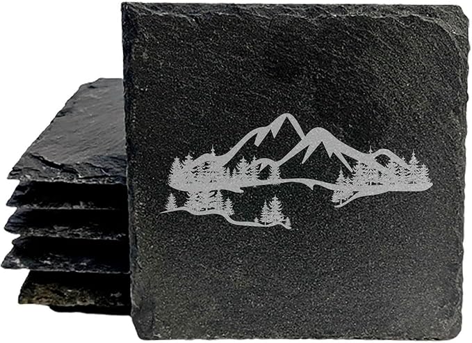 Mountain Majesty Slate Coasters with Stunning Mountain Scene Design - Perfect for Home and Office Decor and Protection of Surfaces, Available in Square or Round Coasters - Square Slate - Set of 6