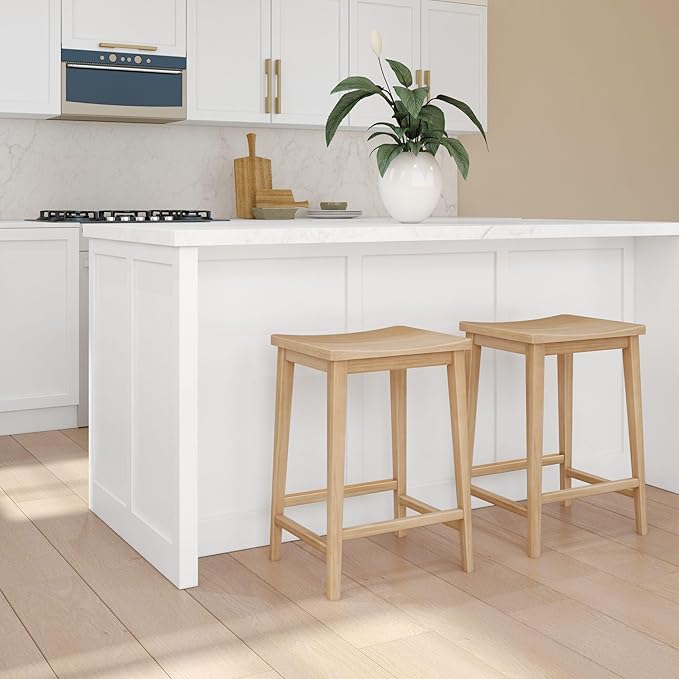 Plank+Beam Smythe Counter Stool, 24", Set of 4, Sturdy Wood Modern Kitchen Counter Height Stool, Saddle Seat Backless Counter Chair, Metal Footrest, Blonde