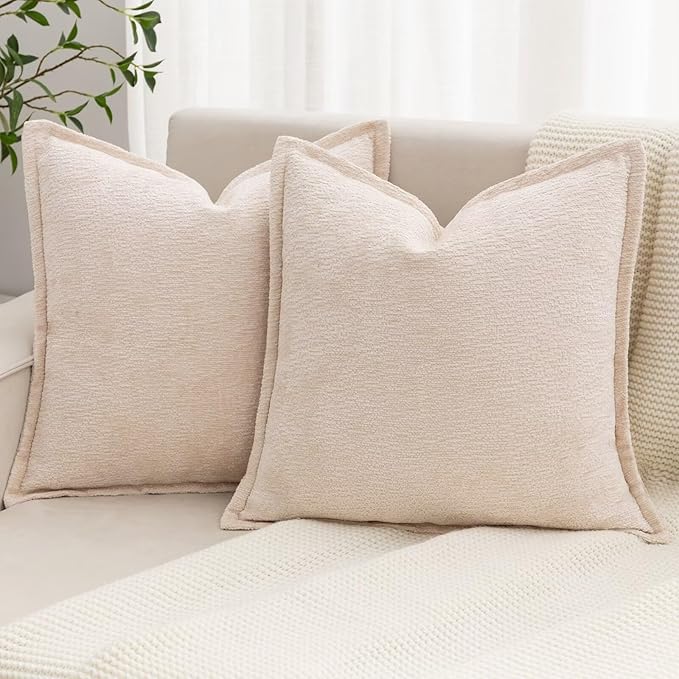 Beige Decorative Throw Pillow Covers 20x20 Inch Set of 2 Cozy Soild Chenille Cushion Cases Soft Textured Square Couch Pillows Cover Boho Accent Farmhouse Pillowcases for Sofa Bed