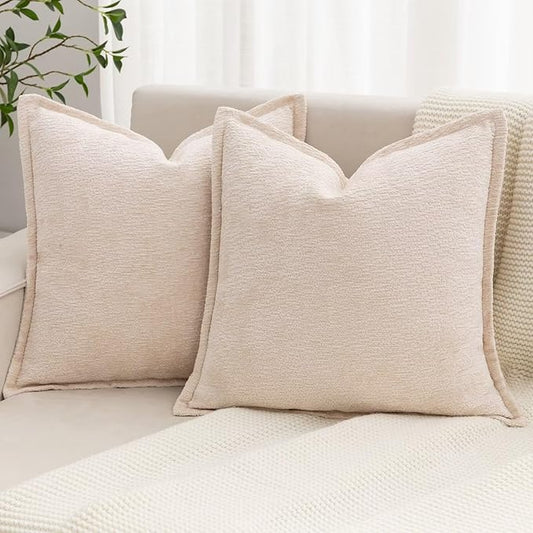 Beige Decorative Throw Pillow Covers 18x18 Inch Set of 2 Cozy Soild Chenille Cushion Cases Soft Textured Square Couch Pillows Cover Boho Accent Farmhouse Pillowcases for Sofa Bed