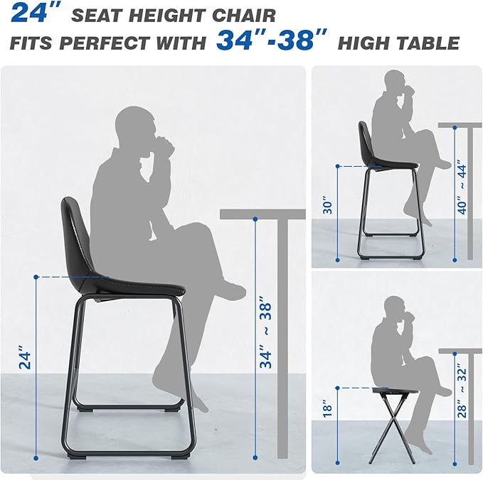 Rfiver Pu Faux Leather Bar Stools Set of 3, Industrial Pub Barstools with Back and Footrest, Modern Armless Bar Height Stool Chairs (Black, 24" Counter Chair x3)