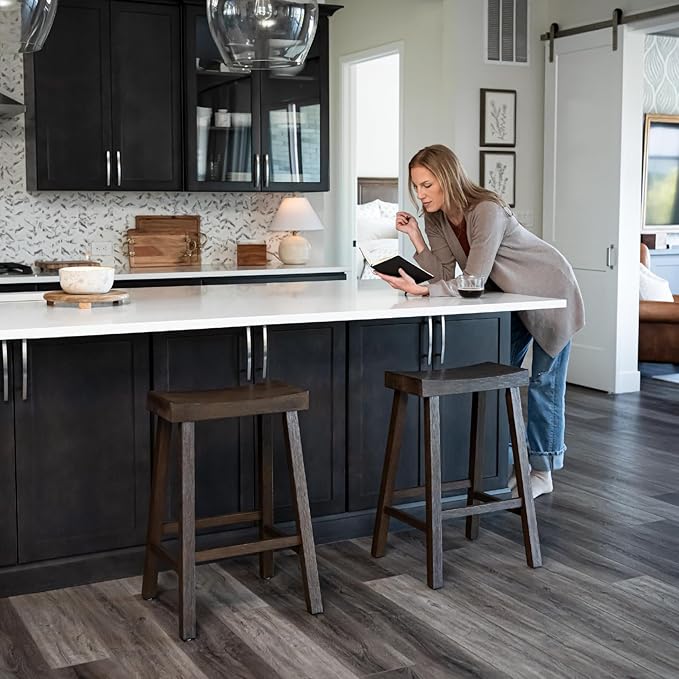 Maven Lane Kitchen Bar Stool, Modern Farmhouse Wood Counter Barstool, Kitchen Island Stool, Counter Height Bar Stools for Kitchen, Wide Seat Backless Bar Stools, Vincent 26", Antiqued Brown, Set of 2