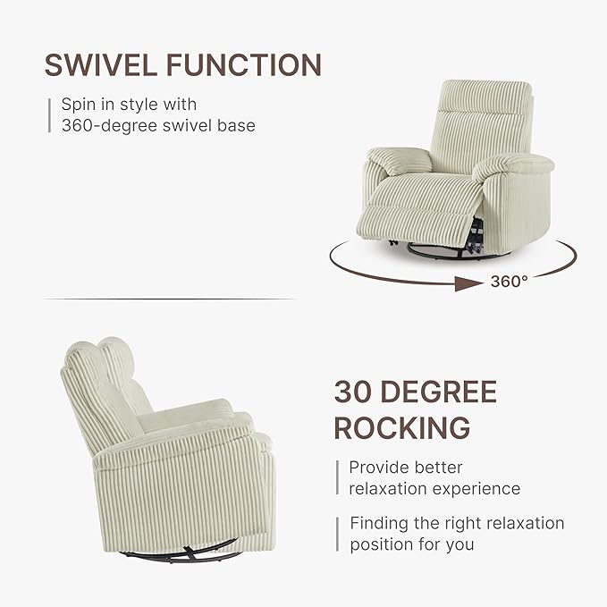 Swivel Rocker Recliner for Adults, Corduroy 360 Degree Swivel Glider Recliner Manual 3-Position Adjustable Easy Assembly for Small Space Living Room Nursery Bedroom