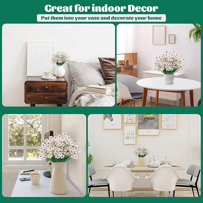 Lnoicy 12 Pcs Artificial Flowers for Outdoor,Plastic Flowers Decoration, UV Resistant Faux Flowers Shrubs, Artificial Plants for Indoor Outside Garden Home Wedding Farmhouse(White)