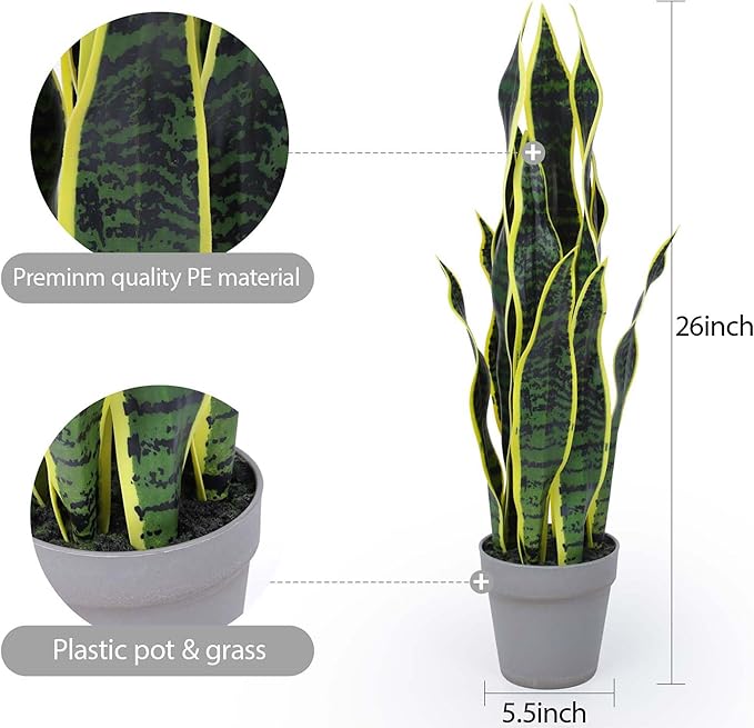 Artificial Snake Plant 25Inch Fake Sansevieria Faux Silk Potted Plant Artificial Mother in Law Tongue Plant for Indoor Outdoor Home Office Garden Decor Yellow