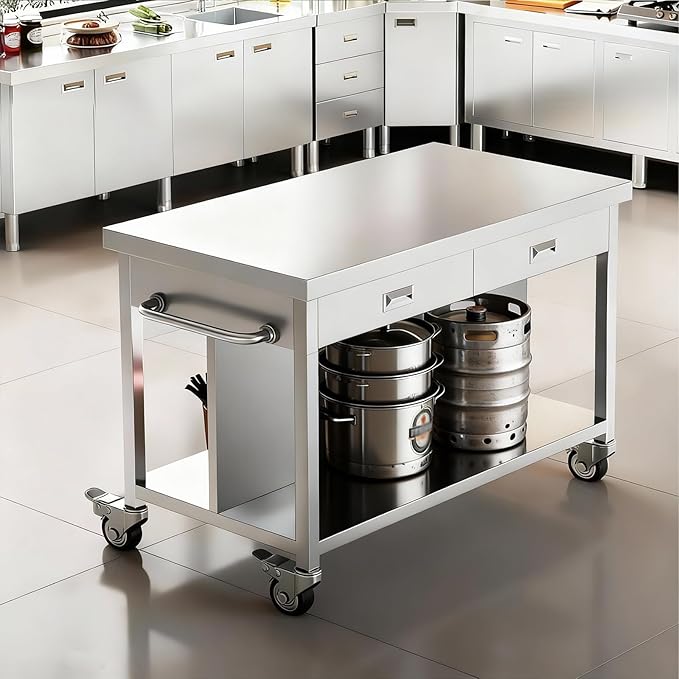 Stainless Steel Kitchen Island with Storage, Rolling Kitchen Island Cart on Wheels, Industrial Kitchen Cart with 2 Drawers, Portable Island for Commercial Kitchen, Bar, Outdoor Patio, 25 x 50 x 37 in
