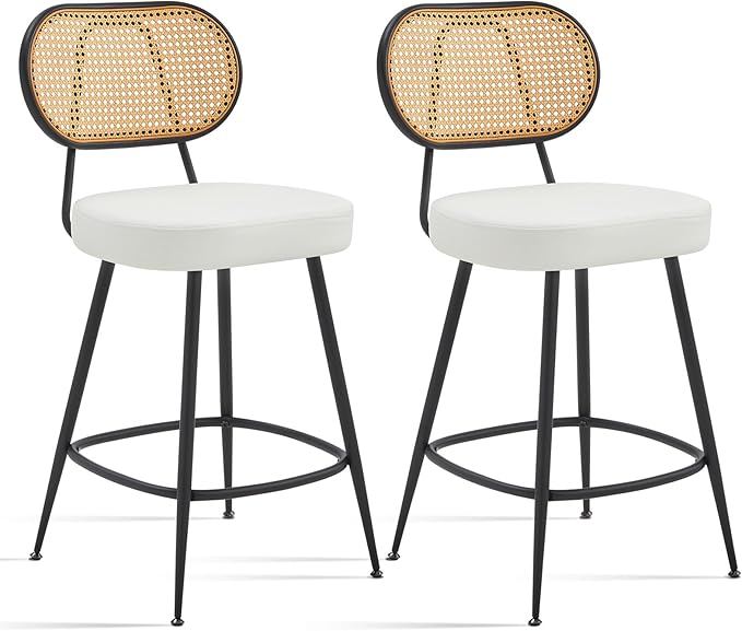 26" Rattan Barstools Set of 2, Counter Height Bar Chair with Black Metal Legs, Modern Armless PU Leather Pub Chair,Adjustable Feetpads Stools for Home Counter,Kitchen Dining Island,Cafe(White)